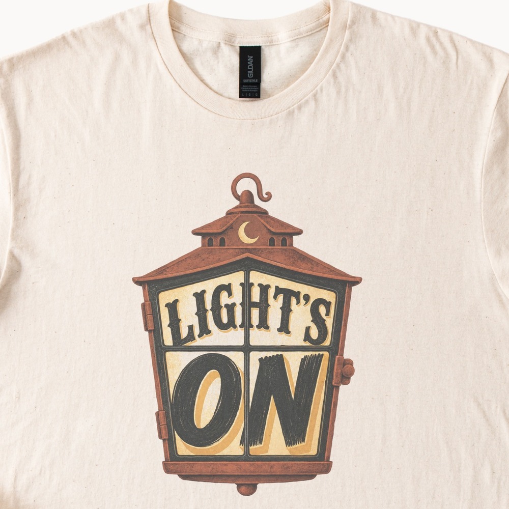 Light's On Rustic Lantern Glowing Under Crescent Moon Tee